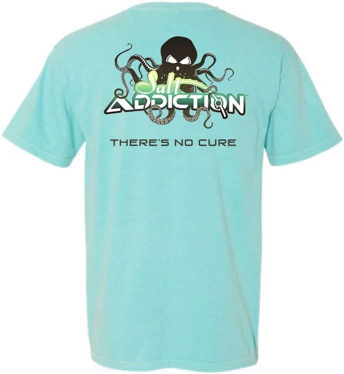 Salt Addiction Octopus Saltwater Fishing Short Sleeve T-Shirt, Cotton and 50/50 Sand/White/Yellow/Mint, Small-3XL - Mint