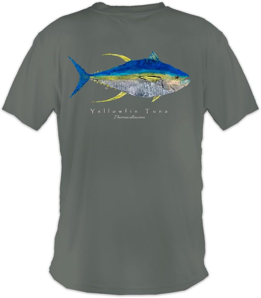 Realfish Men's Yellowfin Tuna T-Shirt, Gray, Cotton, Short Sleeve Fishing Graphic Tee - As Pictured