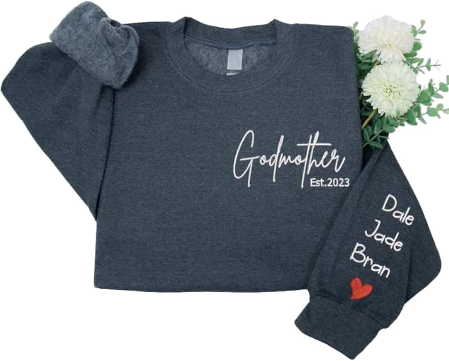 Personalized Embroidered Godmother Sweatshirt with Est, Embroidery God Mother Sweater With Kid Names, Godmother Gifts - As