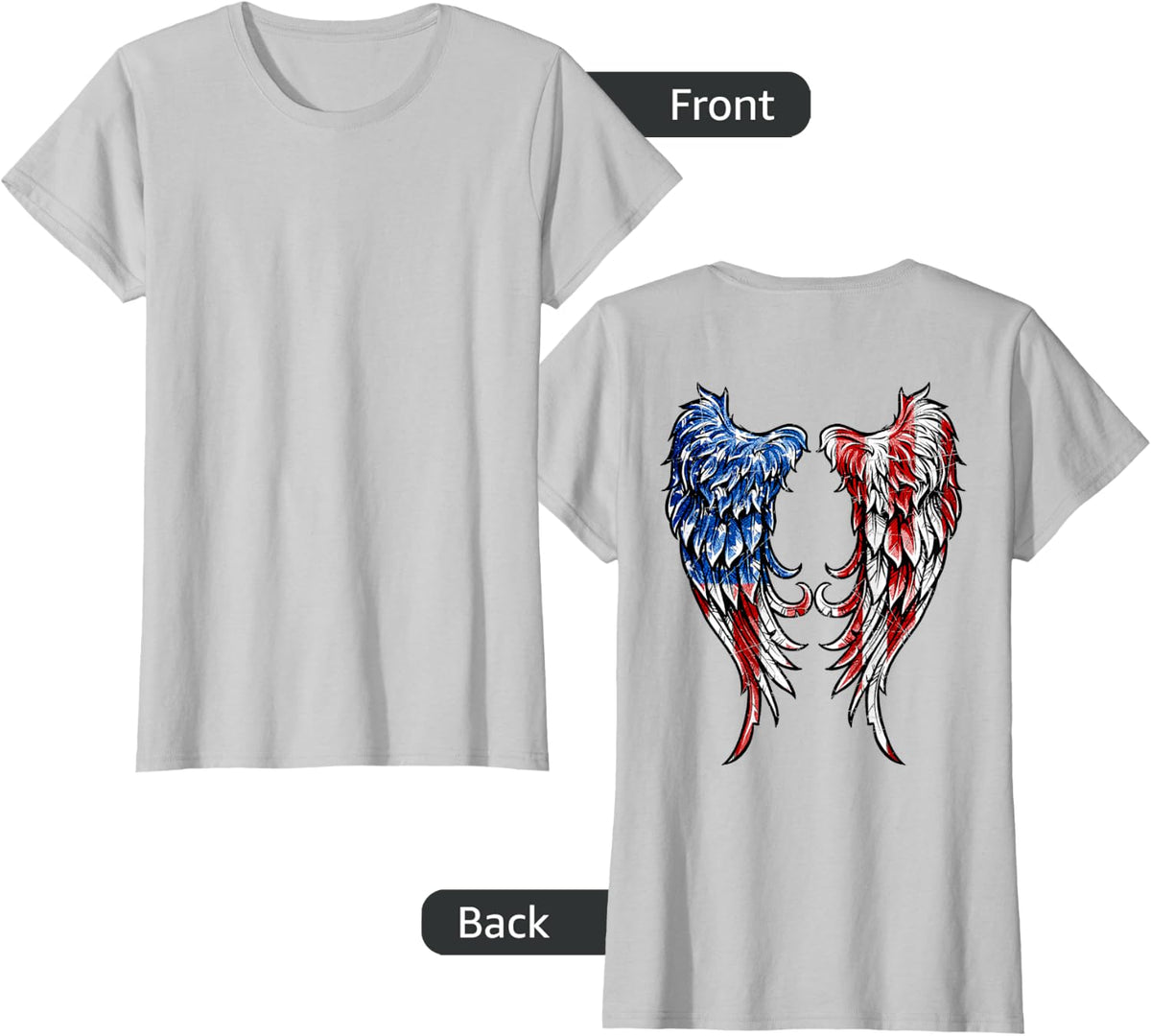 Distressed American Flag Angel Wings T-Shirt - Silver Grey