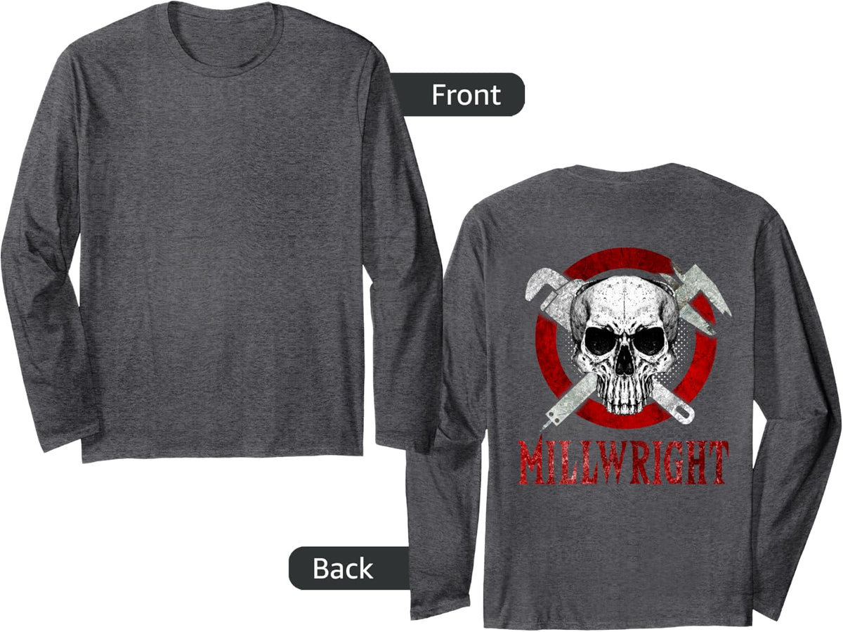 Millwright Image On Back Of Clothing Long Sleeve T-Shirt - Adult Unisex Dark Heather Grey