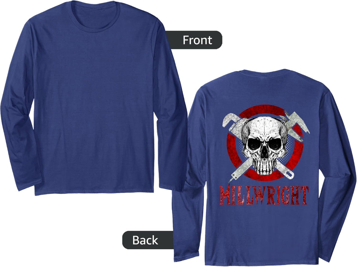 Millwright Image On Back Of Clothing Long Sleeve T-Shirt - Adult Unisex Navy Blue