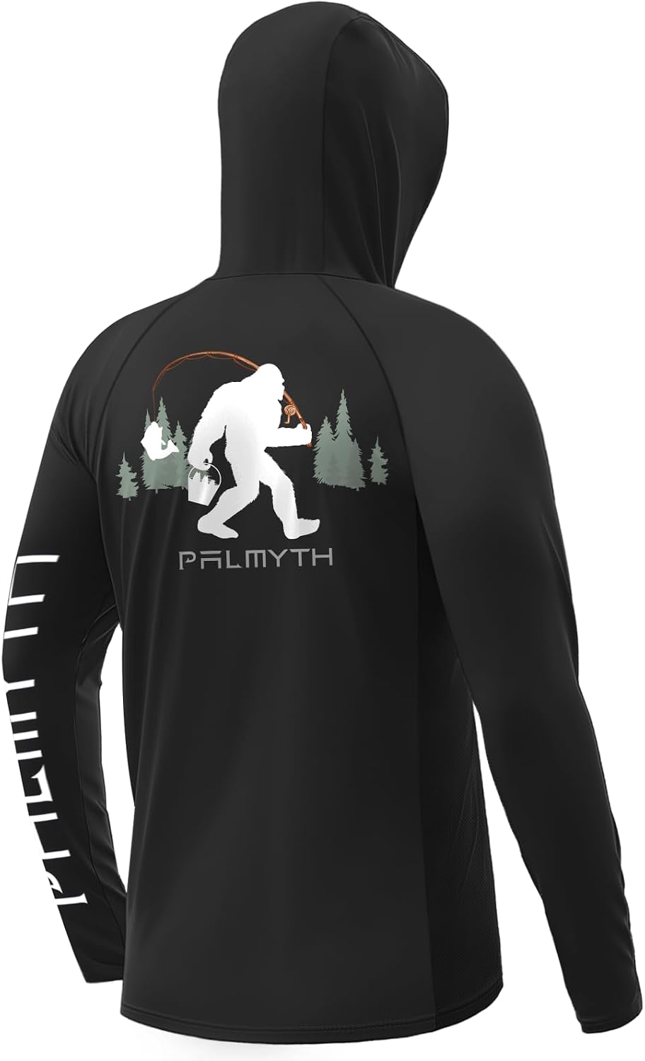 Palmyth Men's UPF 50+ Long Sleeve Fishing Hoodie Shirt with Neck Gaiter - Black \/ Bigfoot Bucket
