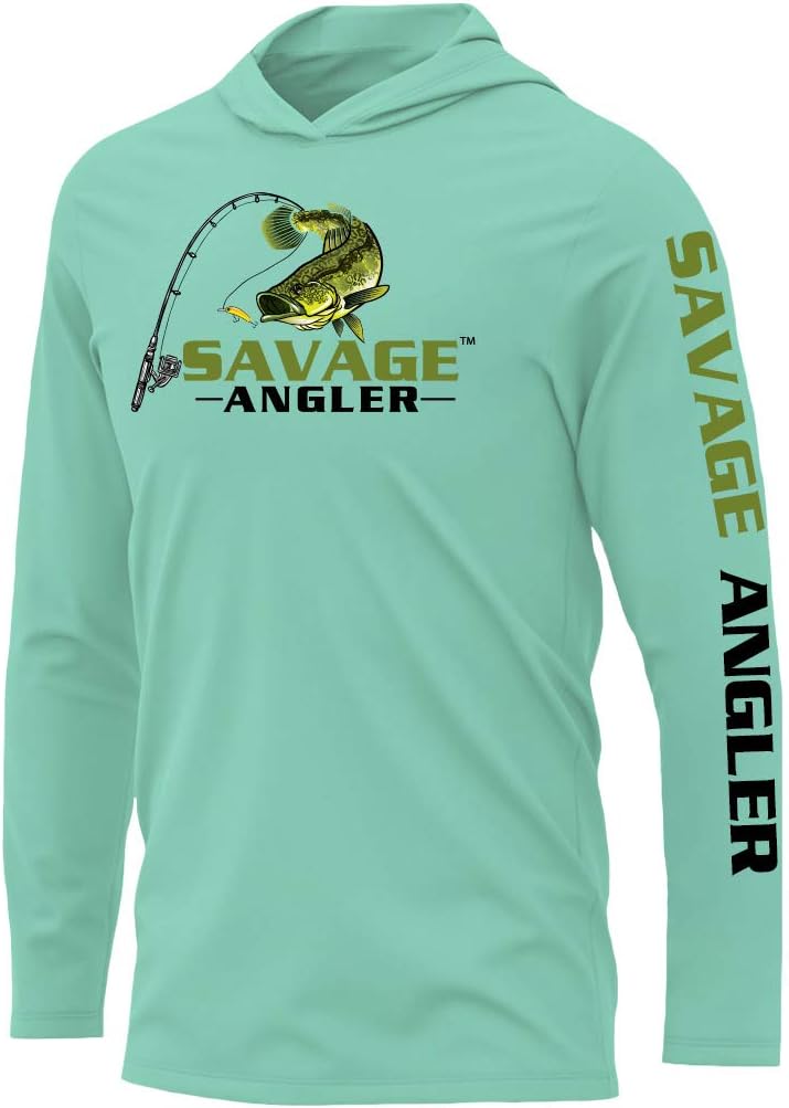Men’s Bass Angler Long Sleeve Fishing Hoodie, Performance Fishing Shirt with UPF 50 Sun Protection - Seafoam