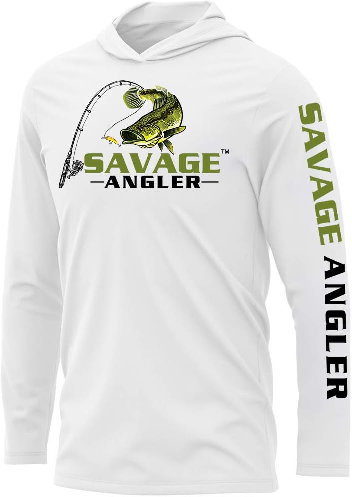Men’s Bass Angler Long Sleeve Fishing Hoodie, Performance Fishing Shirt with UPF 50 Sun Protection - White