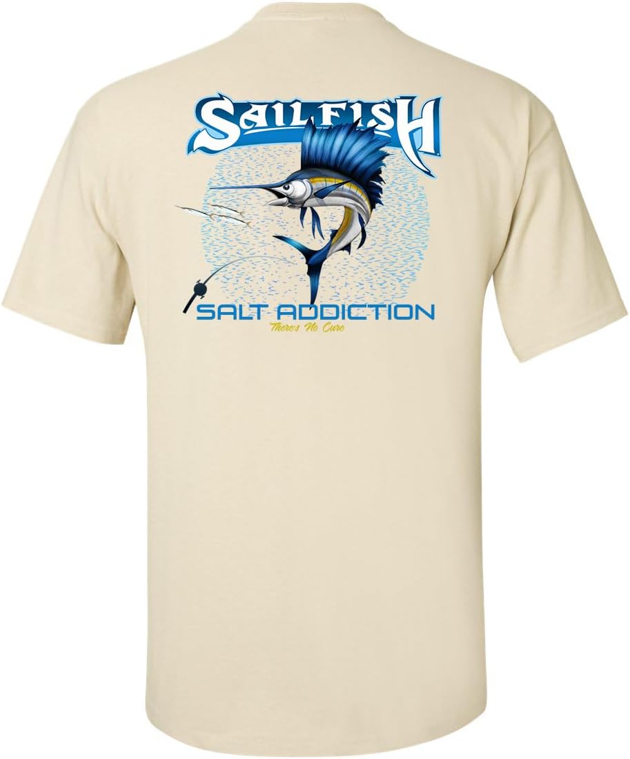 Salt Addiction Sailfish Fishing T-Shirt, White, 100% Cotton, S-5XL, Short Sleeve, Graphic Print Design - Sand