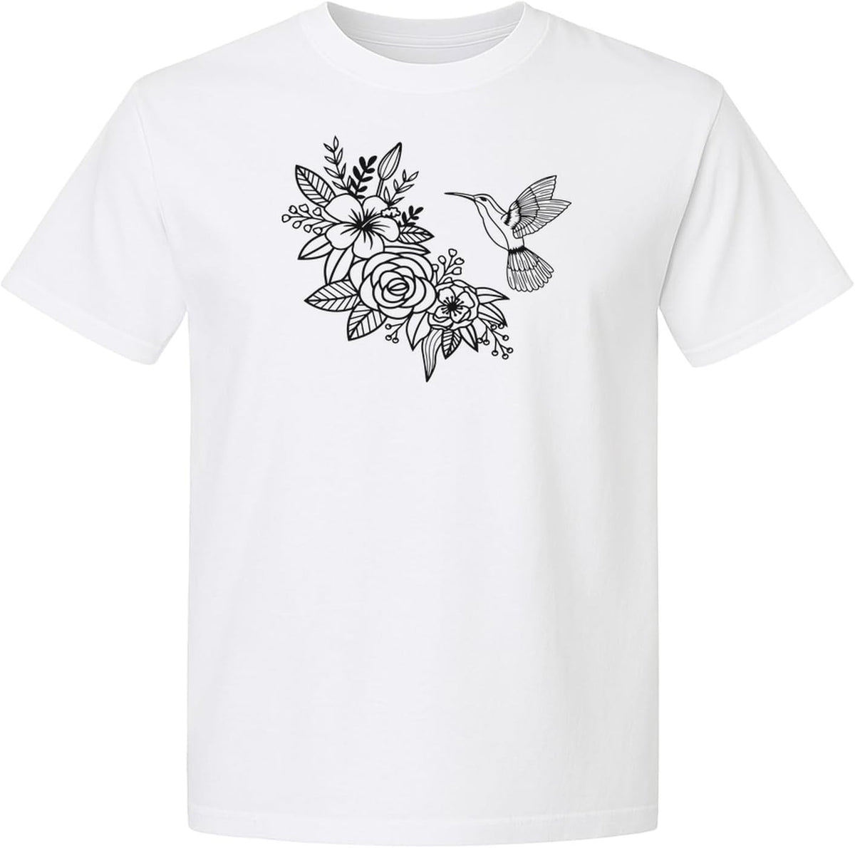 Hummingbird T-Shirt, Botanical Line Art Flower Design for Bird Watchers and Garden Lovers - White