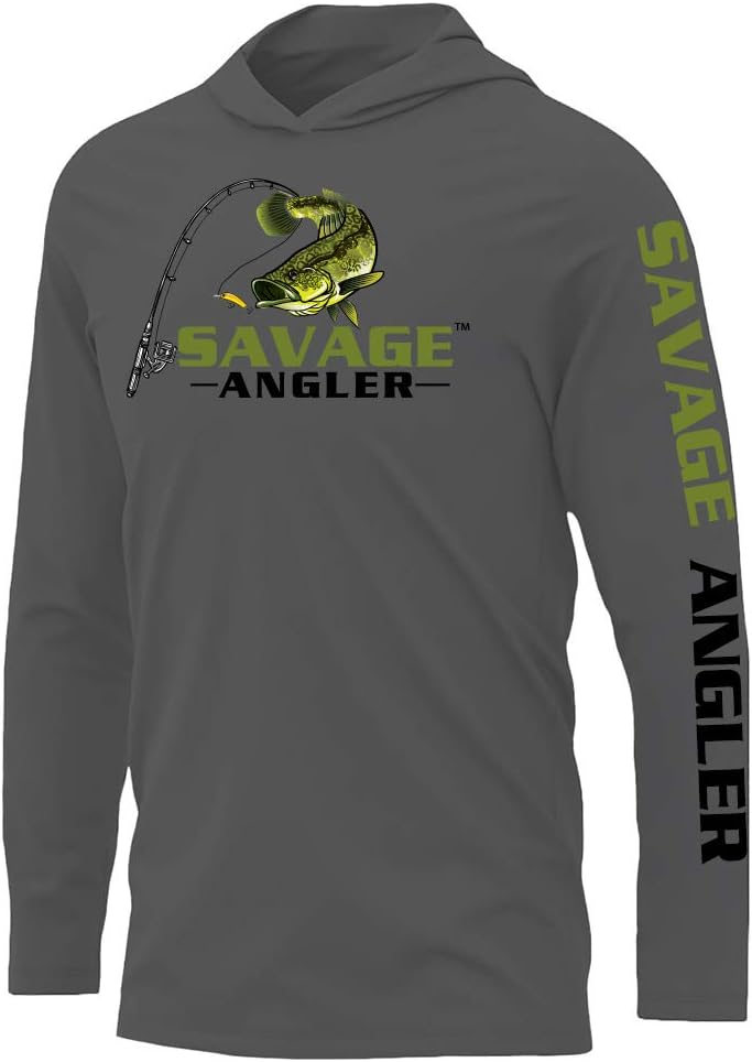 Men’s Bass Angler Long Sleeve Fishing Hoodie, Performance Fishing Shirt with UPF 50 Sun Protection - Charcoal