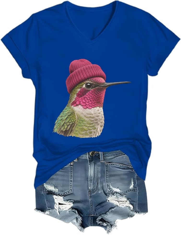 Anna’s Hummingbird Wearing Beanie Shirt Hummingbird Lovers T-Shirt - V-Neck Royal Blue