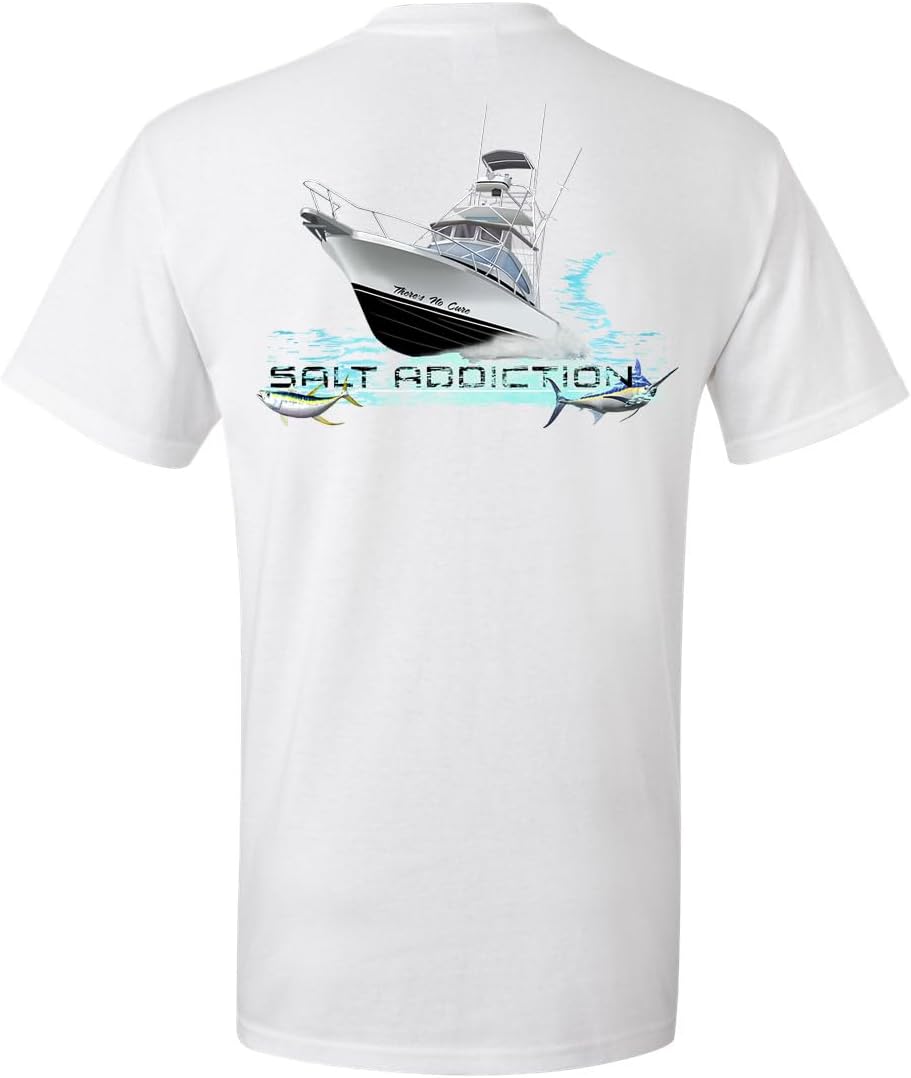 Salt Addiction Saltwater Trolling Yacht Fishing Cotton and 50/50 Short Sleeve T-Shirt for Ocean Activities - White