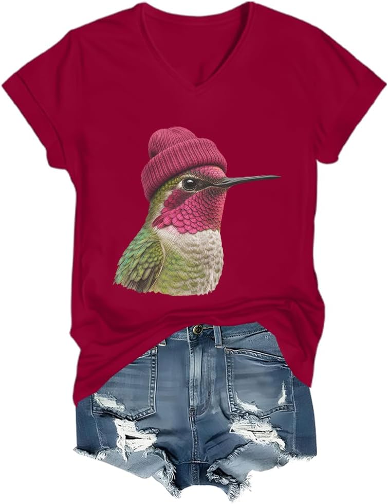 Anna’s Hummingbird Wearing Beanie Shirt Hummingbird Lovers T-Shirt - V-Neck Claret