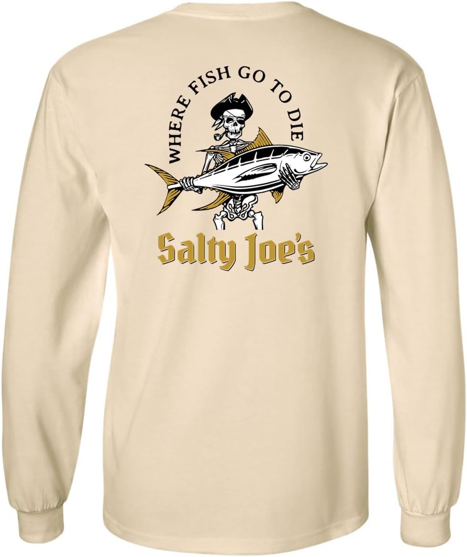 SALTY JOES Men's Ol' Angler Logo Cotton Long Sleeve Tee - Natural\/Black Ol' Angler Logo