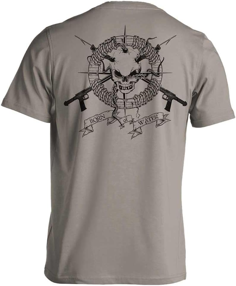 Born of Water Skull and Speargun Spearfishing T-Shirt for Men: Scuba Diving - X-Large Light Gray