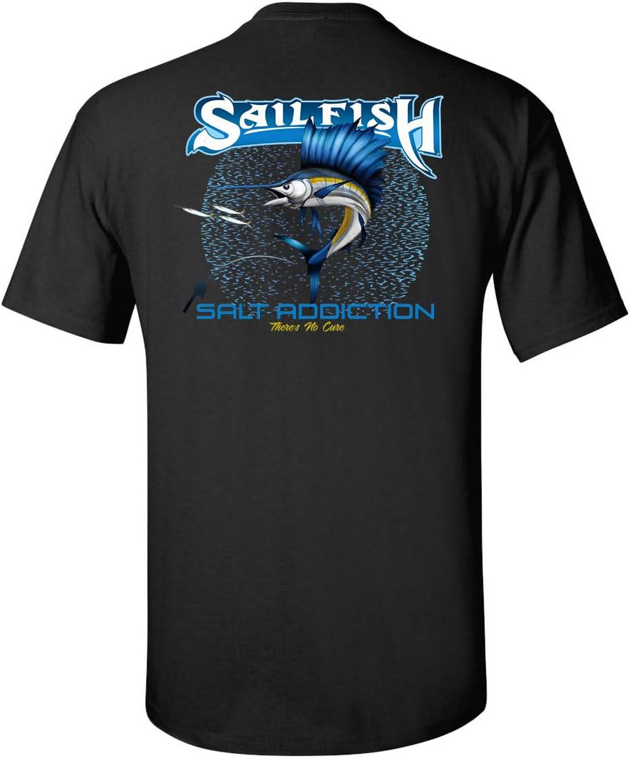 Salt Addiction Sailfish Fishing T-Shirt, White, 100% Cotton, S-5XL, Short Sleeve, Graphic Print Design - Black