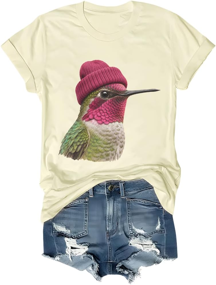 Anna’s Hummingbird Wearing Beanie Shirt Hummingbird Lovers T-Shirt - Crew Neck Creamy Yellow1