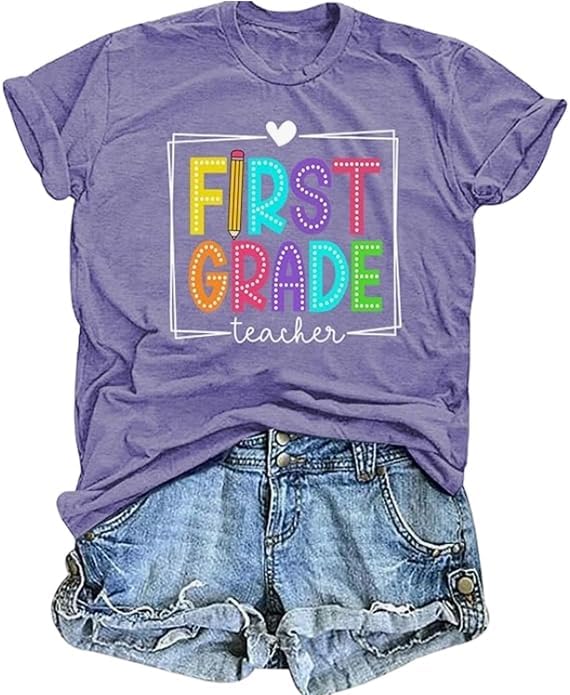 First Grade Teacher Shirt for Women: Teach Life T-Shirt Tops Teching Gift Short Sleeve - Purple1