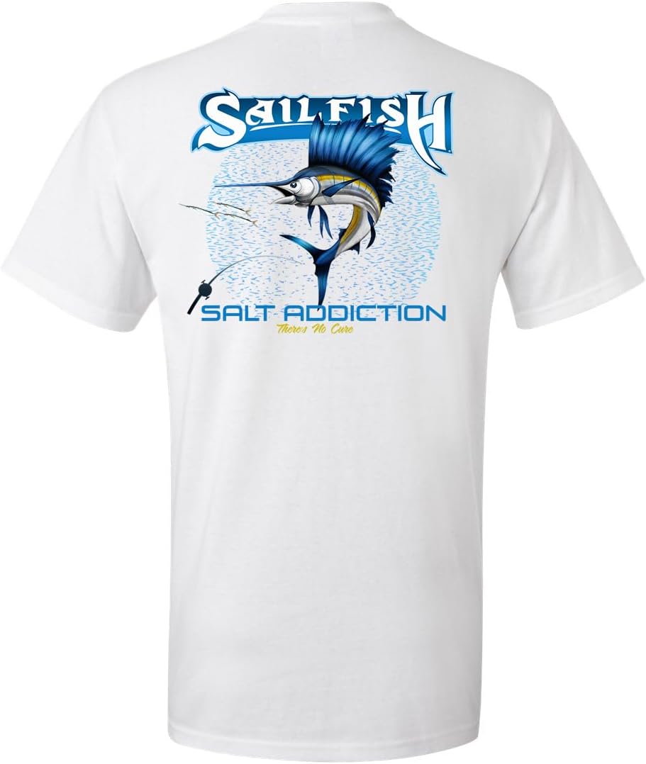 Salt Addiction Sailfish Fishing T-Shirt, White, 100% Cotton, S-5XL, Short Sleeve, Graphic Print Design - White