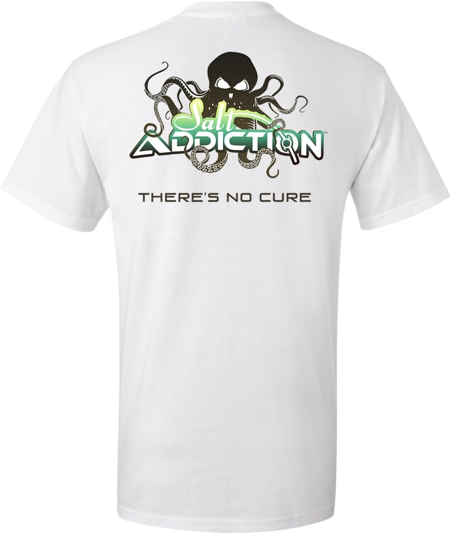 Salt Addiction Octopus Saltwater Fishing Short Sleeve T-Shirt, Cotton and 50/50 Sand/White/Yellow/Mint, Small-3XL - White