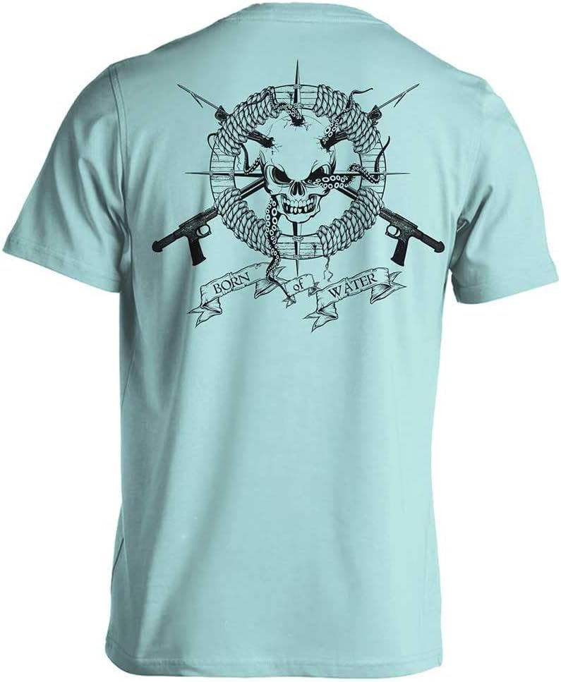Born of Water Skull and Speargun Spearfishing T-Shirt for Men: Scuba Diving - X-Large Light Blue
