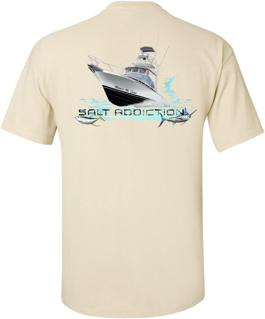 Salt Addiction Saltwater Trolling Yacht Fishing Cotton and 50/50 Short Sleeve T-Shirt for Ocean Activities - Sand