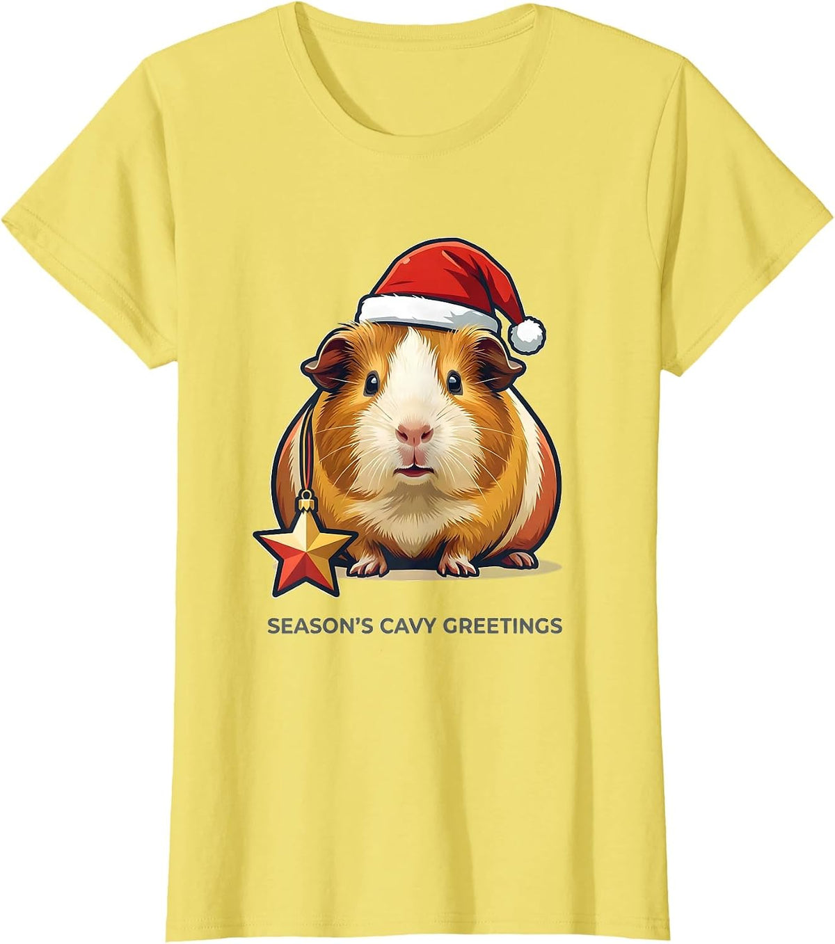 Women's Season's Cavy Greetings Whimsical Guinea Pig Christmas Santa T-Shirt - Lemon Yellow