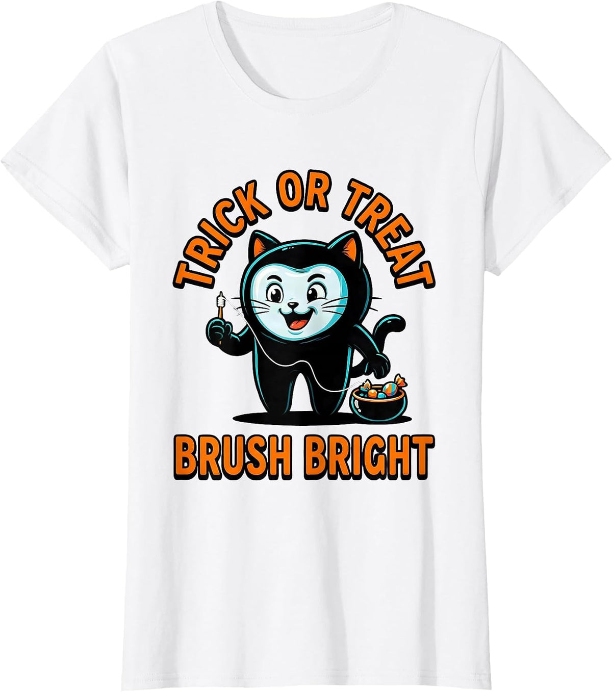 Trick Or Treat Brush Bright Cartoon Dental Halloween Costume T-Shirt - White