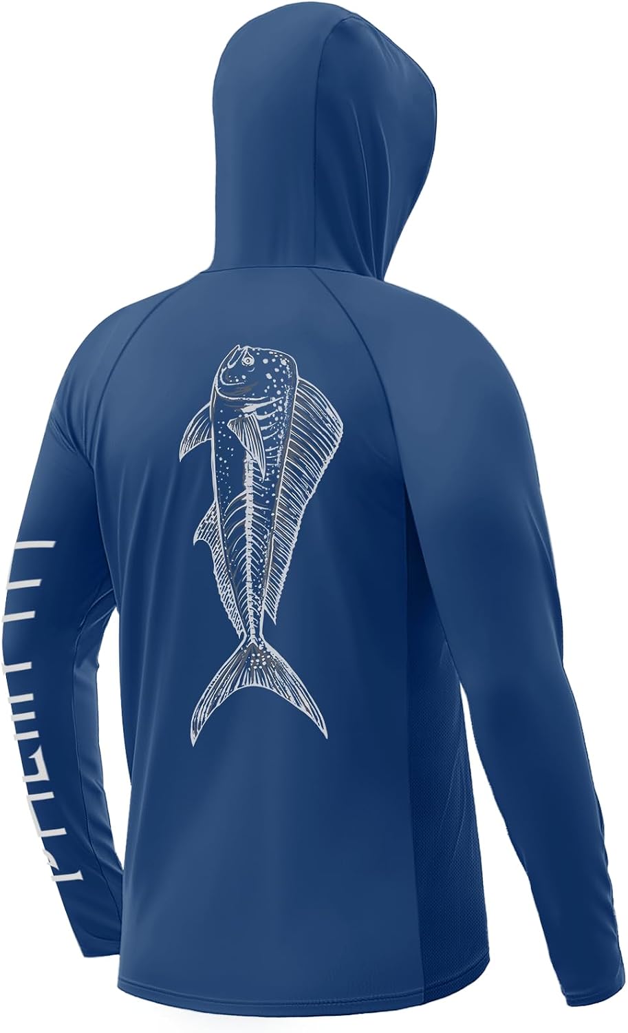 Palmyth Men's UPF 50+ Long Sleeve Fishing Hoodie Shirt with Neck Gaiter - Navy \/ Mahi Sketch