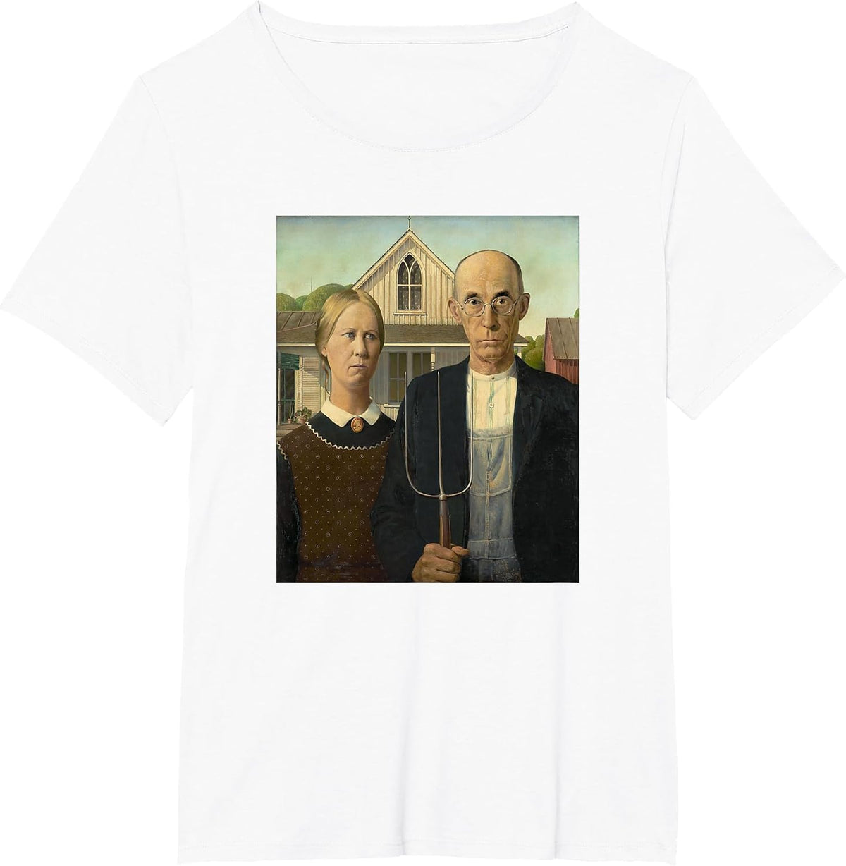 Grant Wood's American Gothic Fine Art Painting Farmers Farm T-Shirt - White
