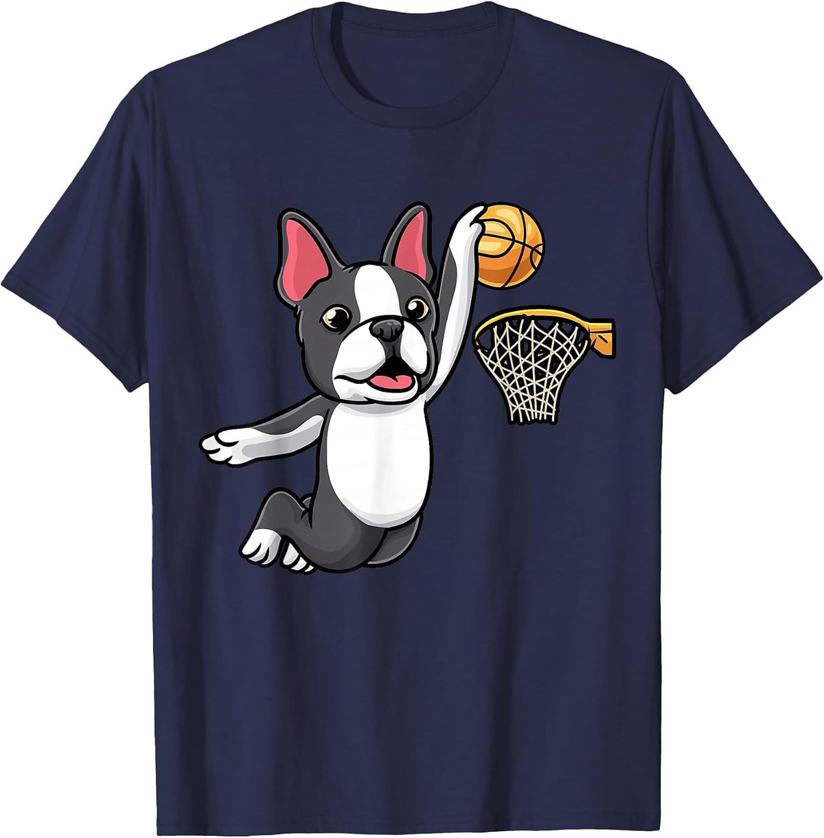 Boston Terrier Dog Playing Basketball Kids T-Shirt - Navy Blue