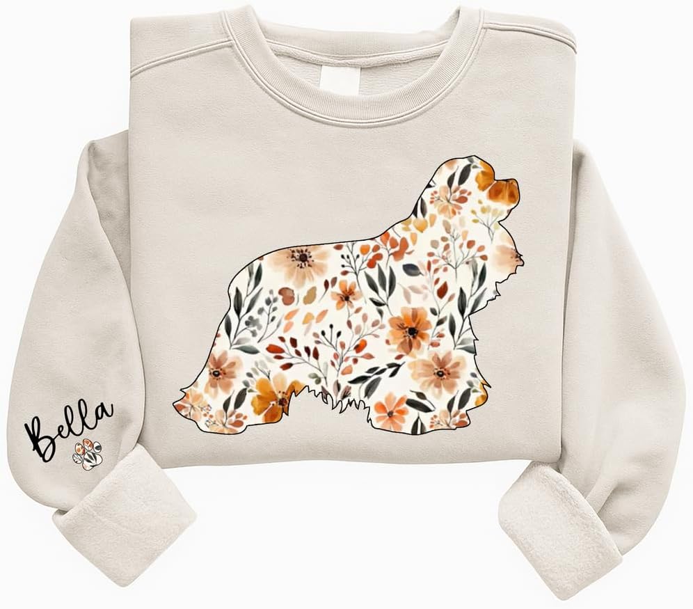 Personalized Floral Dogs Sweatshirt for Women, Custom Pet Name on Sleeve, Dog Lover Crewneck, Dog Mom Gifts - American