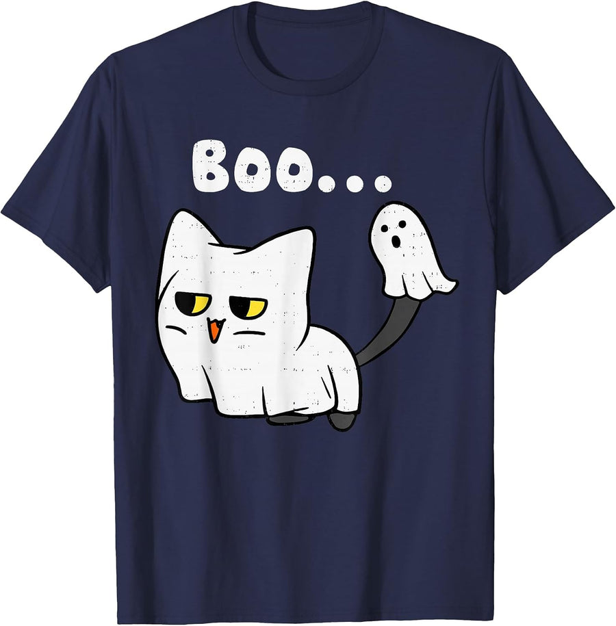 Cat Boo Ghost Cute Kitty Spooky Funny Halloween Meow Pet T-Shirt - Navy Blue