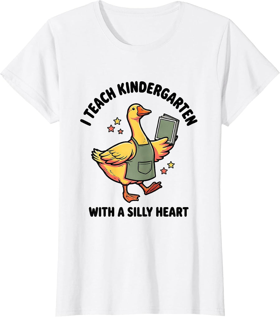 Women's I Teach Kindergarten With a Silly Heart Funny Teacher T-Shirt - White
