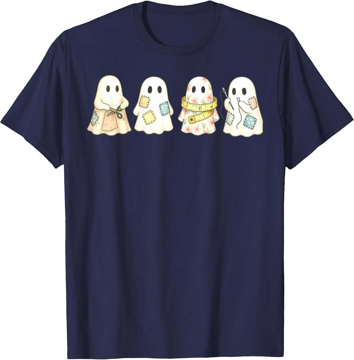 Cute Ghost Quilter Quilting Quilt Lover Sewing Halloween T-Shirt - Navy Blue