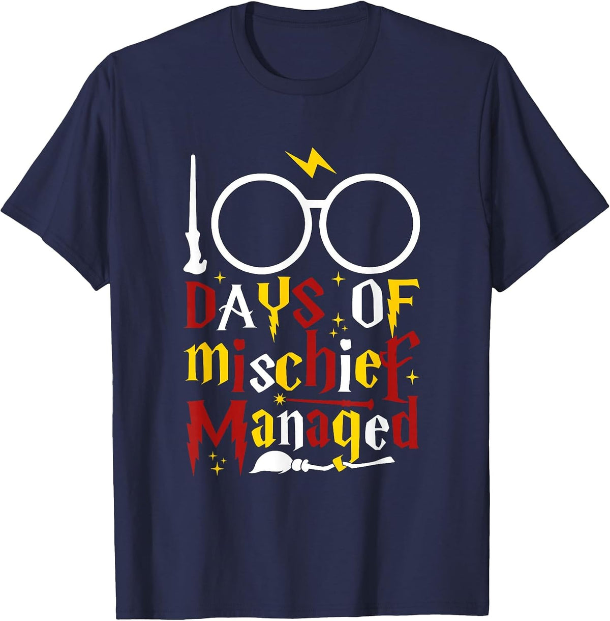 100 Days of Mischief Managed Teacher Kid 100th Day of School T-Shirt - Navy Blue