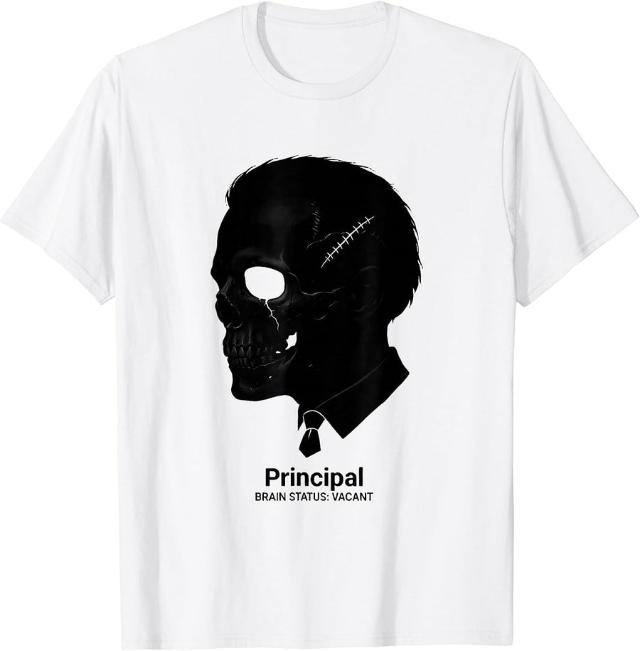 Men's Principal Brain Status Vacant Funny Zombie Teacher Halloween T-Shirt - White
