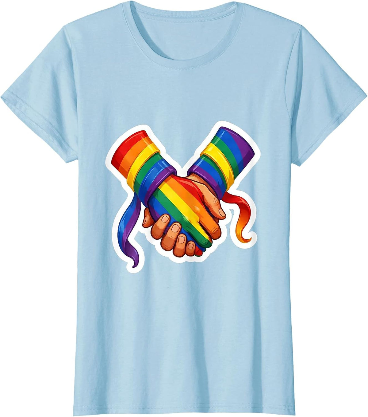 Pride Rainbow Ribbon Clasped Hands Illustration T-Shirt - Baby Blue