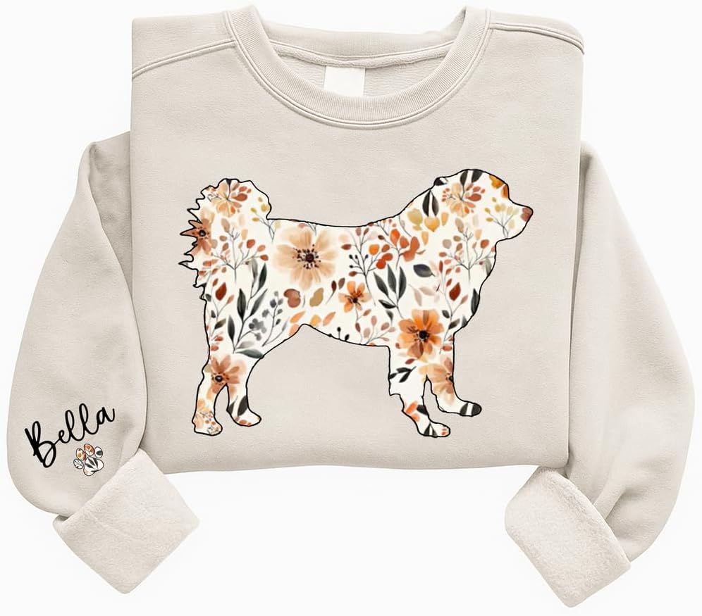 Personalized Floral Dogs Sweatshirt for Women, Custom Pet Name on Sleeve, Dog Lover Crewneck, Dog Mom Gifts - Caucasian