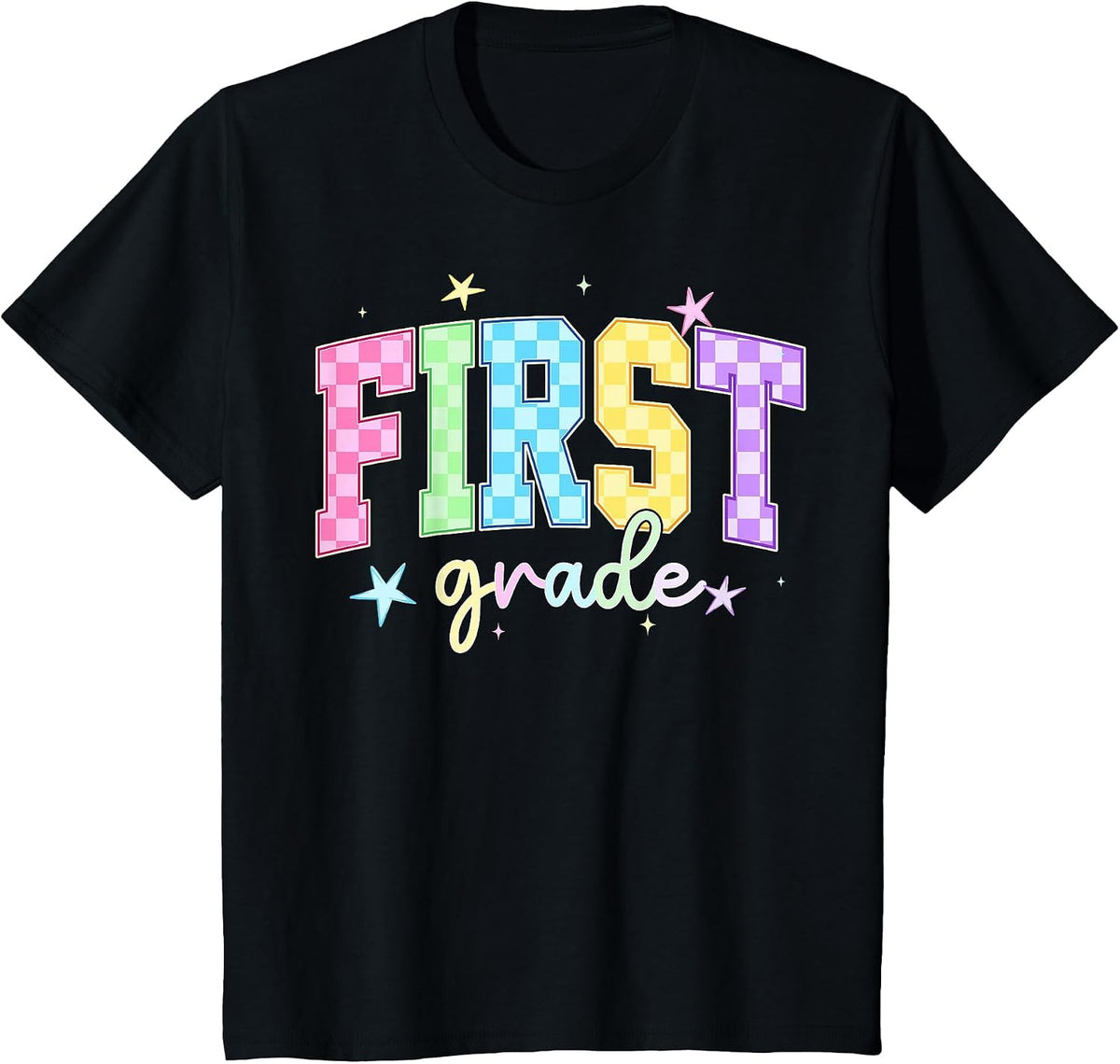Back to School Checkered First Grade Team Teacher Students T-Shirt - Black