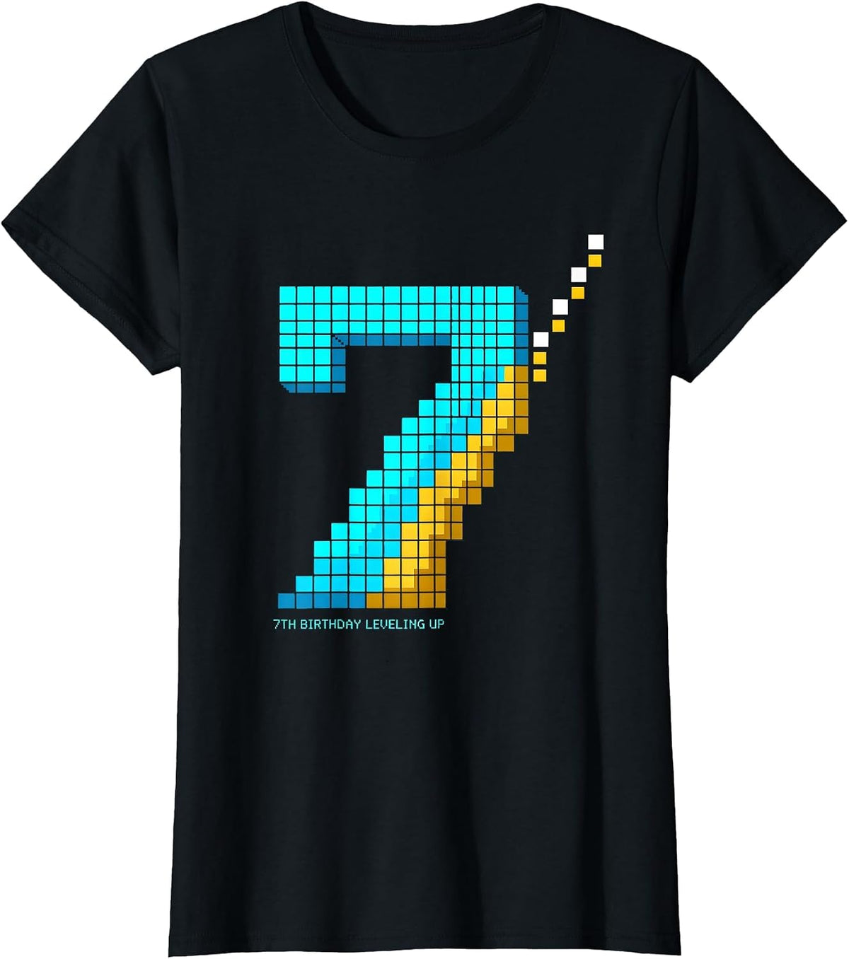 7th Birthday Leveling Up Pixel Art Gamer Birthday Gift T-Shirt - Black