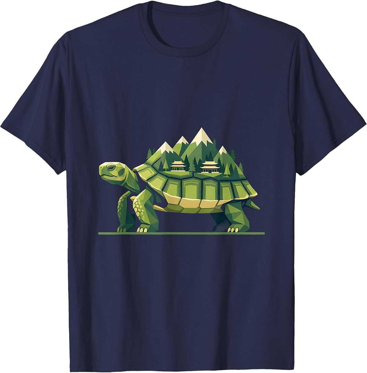 Tortoise Carrying a Miniature Village on Its Shell T-Shirt - Navy Blue