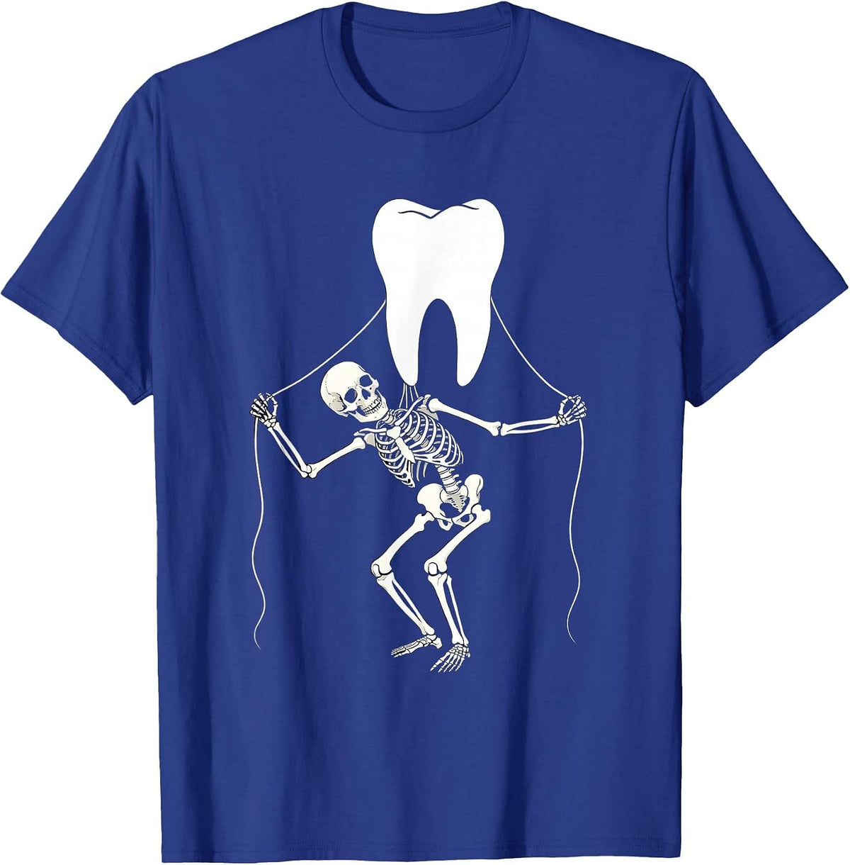Halloween Skeleton Flossing Giant Molar Dental Art T-Shirt - Royal Blue