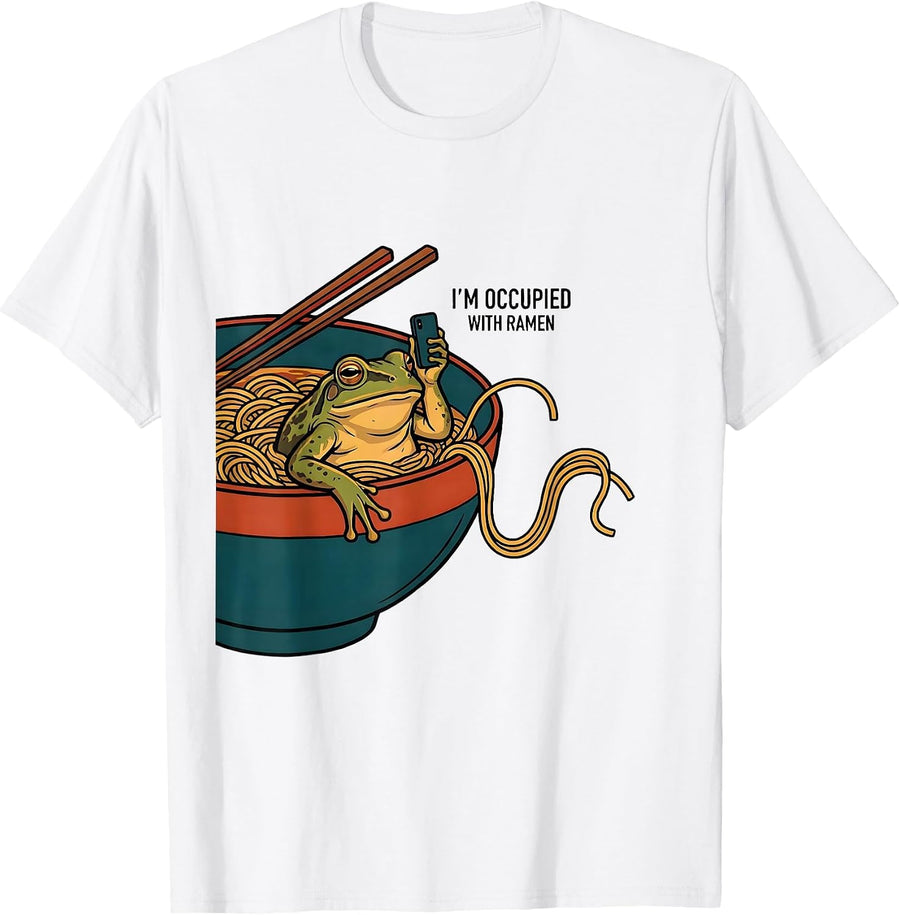 Men's I’m Occupied With Ramen Funny Grumpy Frog Japanese Art Ramen T-Shirt - White