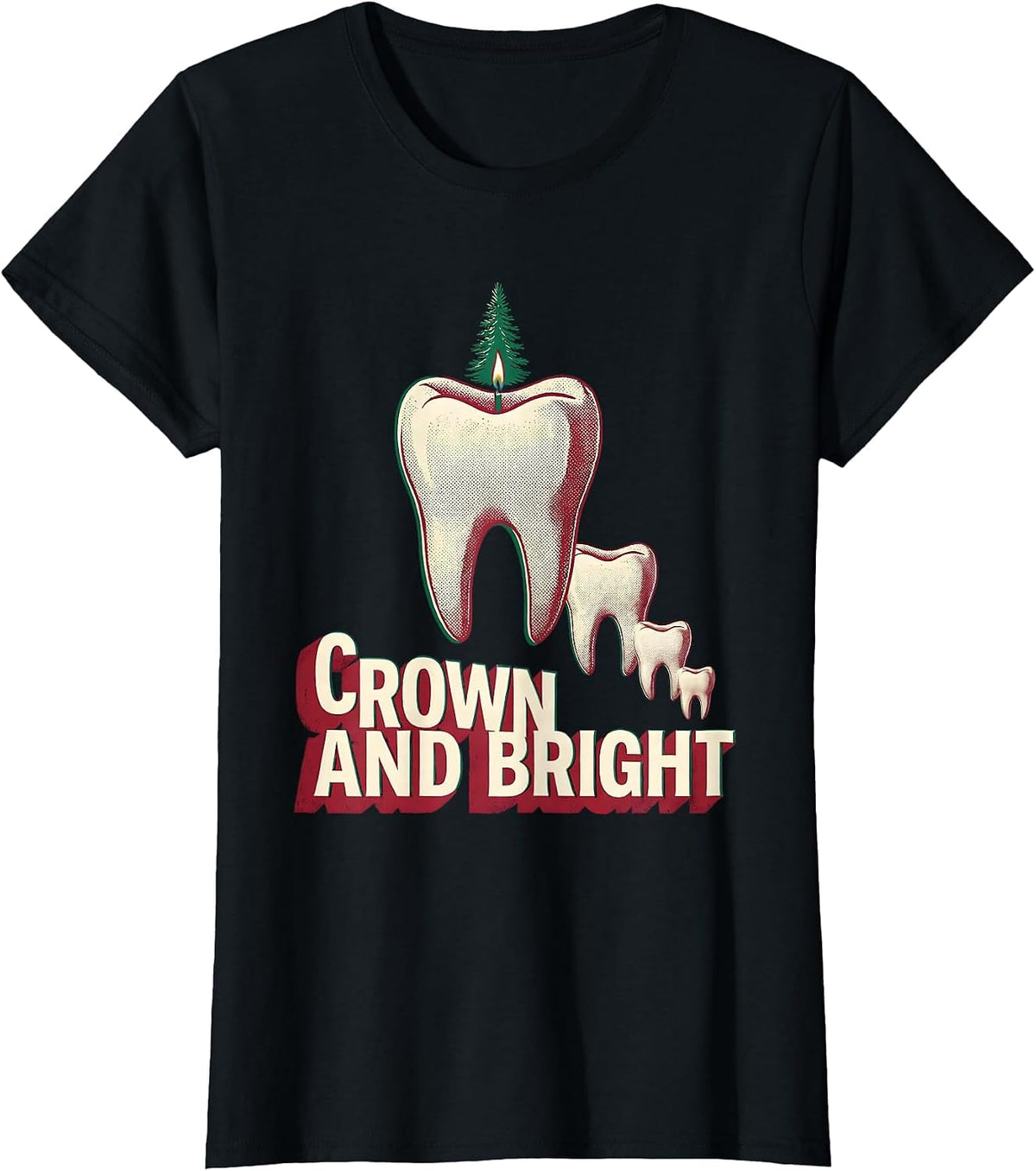 Women's Crown and Bright Oversized Carved Tooth Dental Christmas T-Shirt - Black