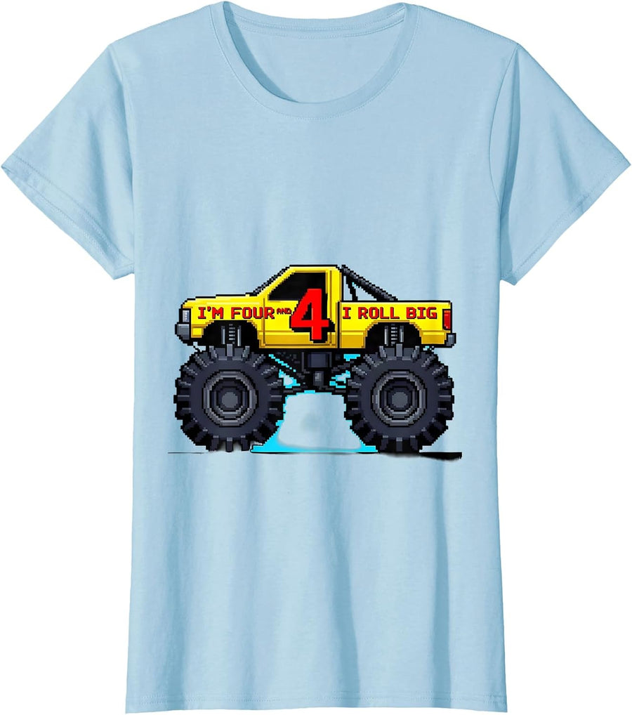 Women's I'm Four and I Roll Big Pixel Art Monster Truck Birthday Boy T-Shirt - Baby Blue
