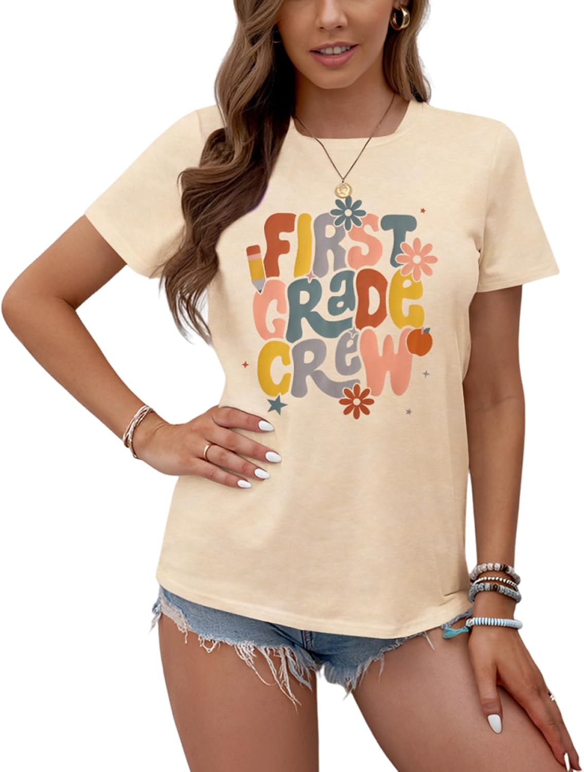 CM C&M WODRO First Day of School Shirt Women First Grade Crew Teacher T-Shirt Back to School Outfit Teacher Life Tee Tops -