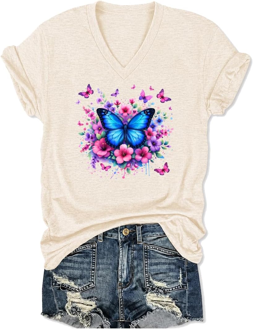 Womens Graphic T Shirt Floral Beach V Neck Tee Short Sleeve Casual Vacation Shirt Tropical Ocean Tops for Women - Beige-2