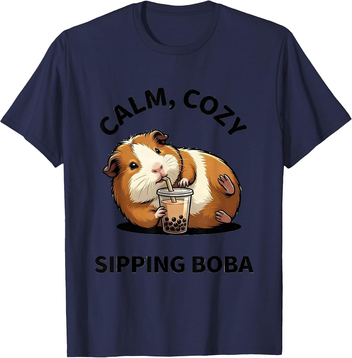 Calm Cozy Sipping Boba Cute Kawaii Guinea Pig Anime Girl T-Shirt - Navy Blue