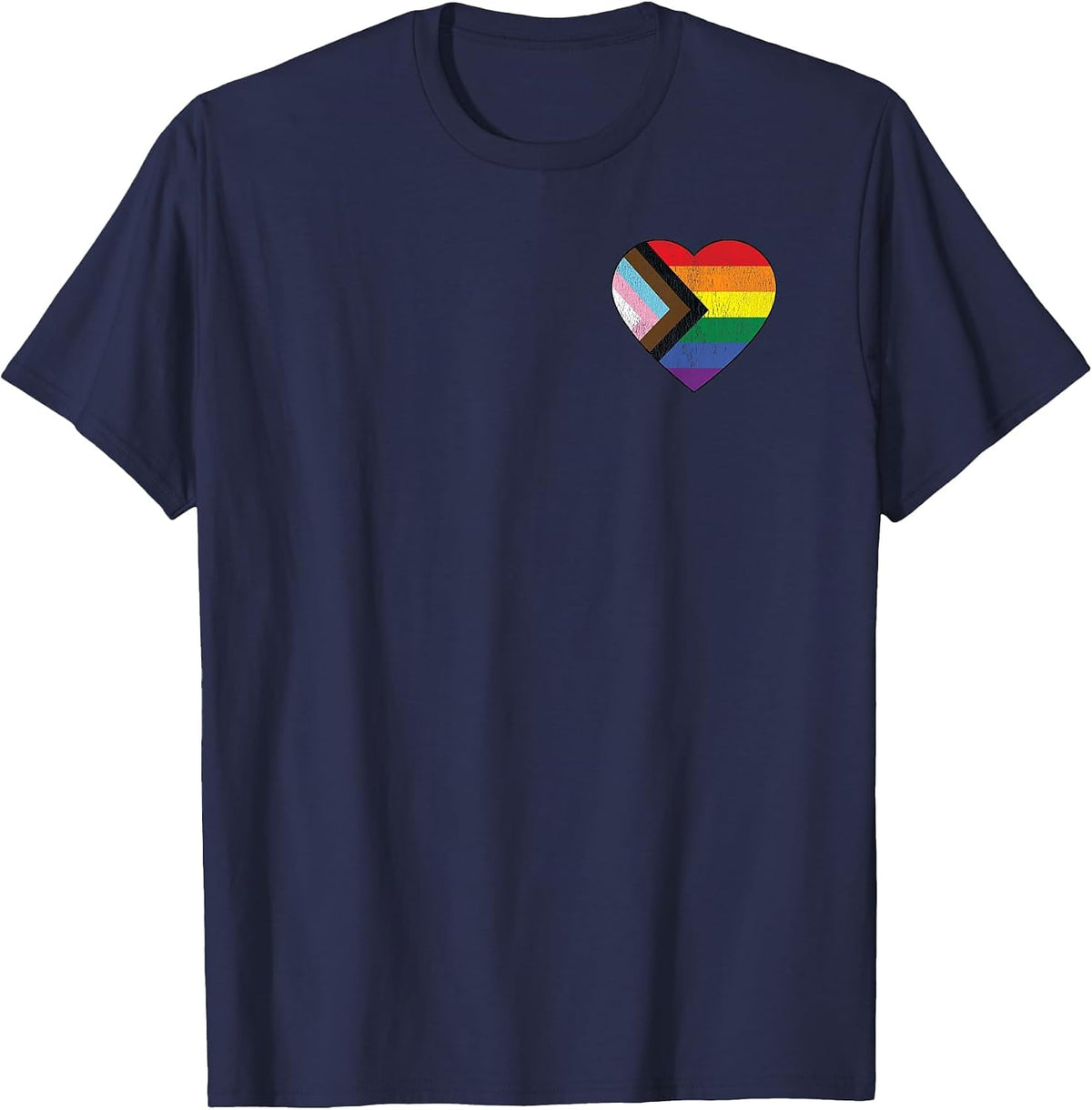 Progress Pride Flag Vintage Rainbow Heart Love LGBT Pocket T-Shirt - Navy Blue