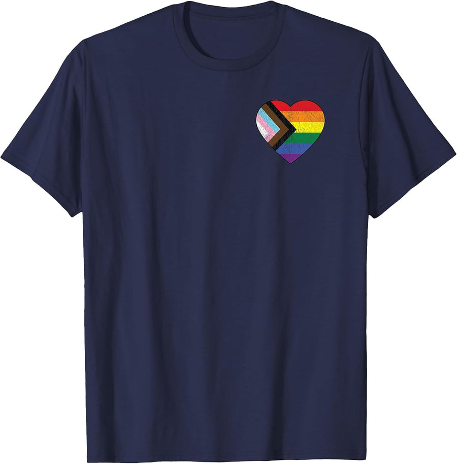Progress Pride Flag Vintage Rainbow Heart Love LGBT Pocket T-Shirt - Navy Blue