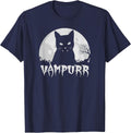 Halloween Black Cat Vampire with Full Moon - Vampurr Pun T-Shirt - Navy Blue